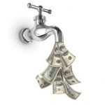 Faucet with money coming out suggests awareness of wealth